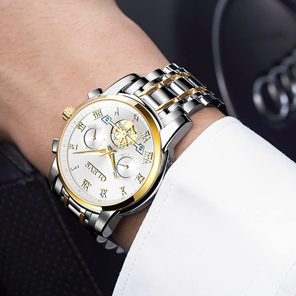 Mens Watches Fashion Casual Analog Quartz Watch Waterproof Dress Wrist Watches with Stainless Steel Band Day Window for Men (Band with Gold White Dial)