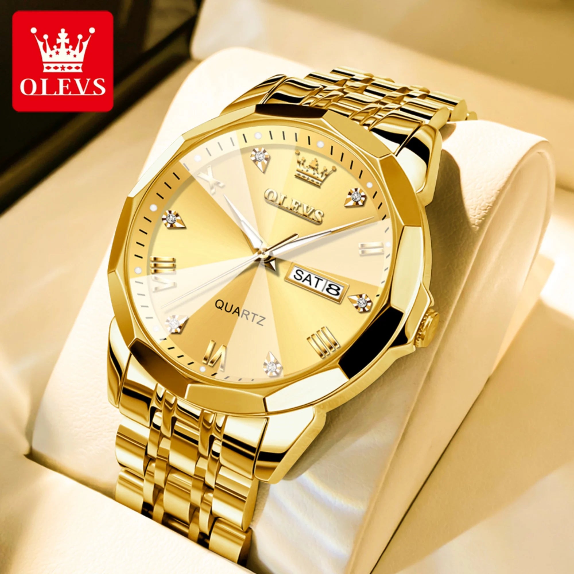 Gold Watch for Men Diamond Luxury Casual Dress Stainless Steel Date Quartz Watch Waterproof Luminous, Gifts for Men, Adult Male Wristwatch