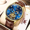 Dress Automatic Watch for Men Luxury Diamond Mechanical Self Winding Blue Face Brown Leather Strap Waterproof Luminous Men Wrist Watches