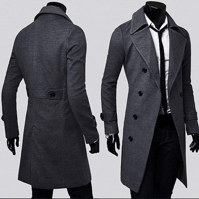 Men'S Woolen Trench Coat Premium Double Breasted Slim Fit Winter Overcoat Long Jacket Business Pea Jacket Coat Gray