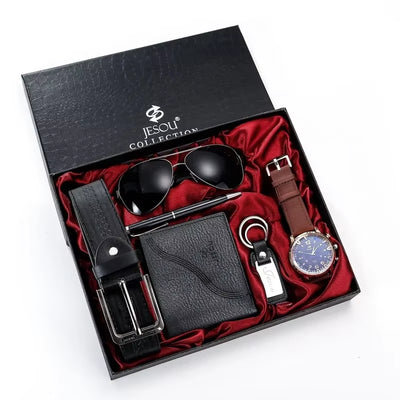 New 6Pcs/Set Fashion Mens Watches Set Luxury Gift Box Watch for Men Glasses Belt Keychain Pen Wallet Wristwatch Set Best Gift