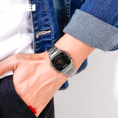 Retro LED Digital Male Watches Casual Simple Mens Wristwatches Stainless Steel Band Waterproof Watch Men Reloj Hombre 1647