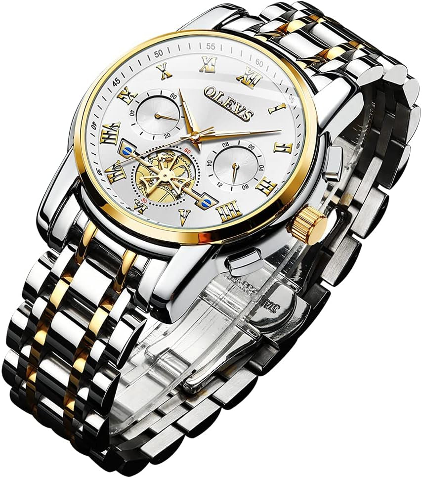 Mens Watches Fashion Casual Analog Quartz Watch Waterproof Dress Wrist Watches with Stainless Steel Band Day Window for Men (Band with Gold White Dial)