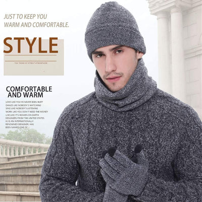 Mens Winter Scarf Hats and Gloves Set Knit Beanie Hat Warmer Scarf and Touchscreen Gloves 3 Pcs for Men