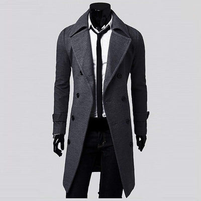 Men'S Woolen Trench Coat Premium Double Breasted Slim Fit Winter Overcoat Long Jacket Business Pea Jacket Coat Gray