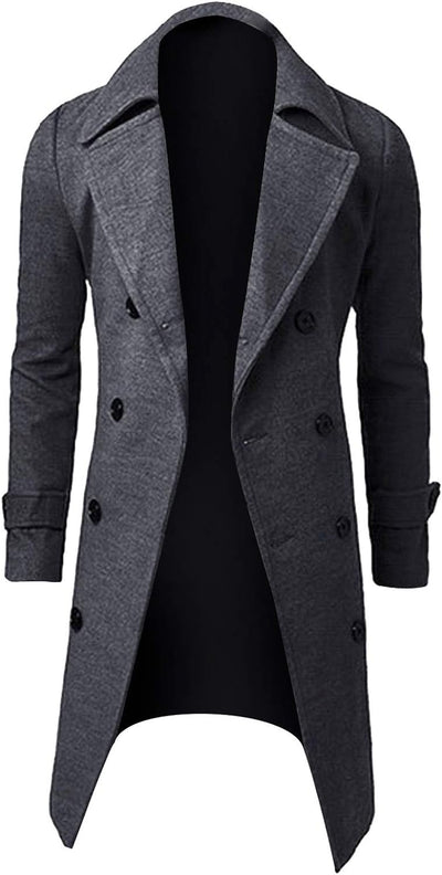 Men'S Woolen Trench Coat Premium Double Breasted Slim Fit Winter Overcoat Long Jacket Business Pea Jacket Coat Gray