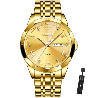 Gold Watch for Men Diamond Luxury Casual Dress Stainless Steel Date Quartz Watch Waterproof Luminous, Gifts for Men, Adult Male Wristwatch