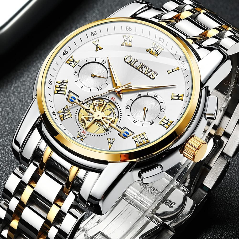 Mens Watches Fashion Casual Analog Quartz Watch Waterproof Dress Wrist Watches with Stainless Steel Band Day Window for Men (Band with Gold White Dial)